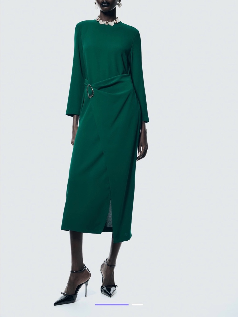 *Read* Zara Green Asymmetric Midi Dress with Ring Detail Long Sleeve S